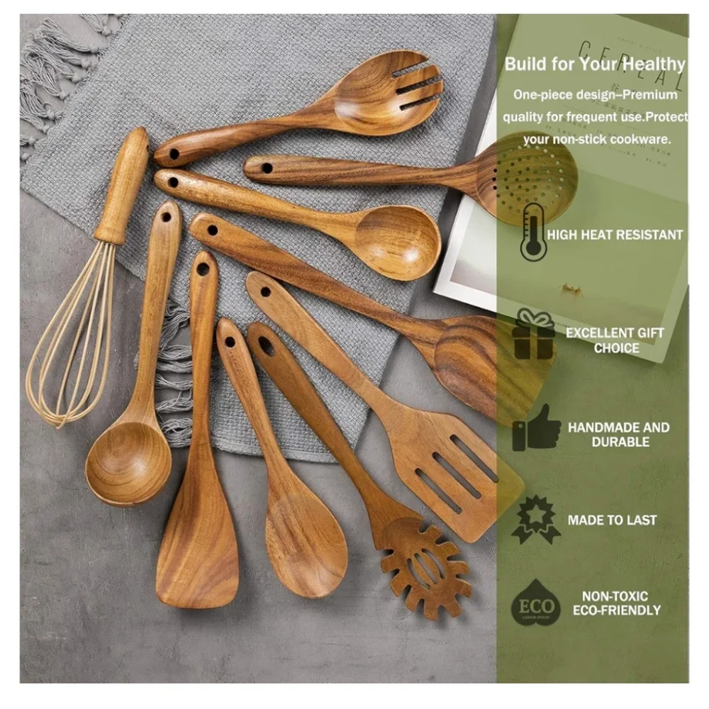 10 Pack Wooden Spoons for Cooking Teak Wood Kitchen Utensils Set Natural Boho